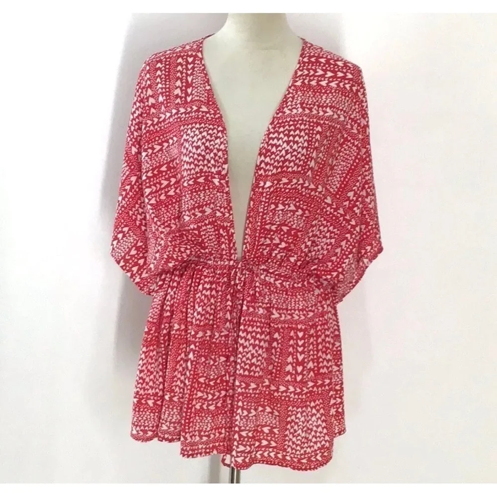 Victoria's Secret Womens Kimono One Size Red Heart Tie Front swim cover-up robe